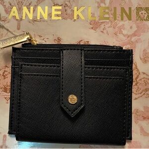 Anne Klein Card Case Wallet in Black Textured Leather Gold Hardware Trim NEW
